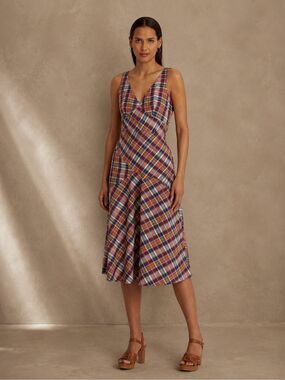 Lauren Ralph Lauren Size 10 NWT Madras Plaid Cotton A-Line Midi Dress